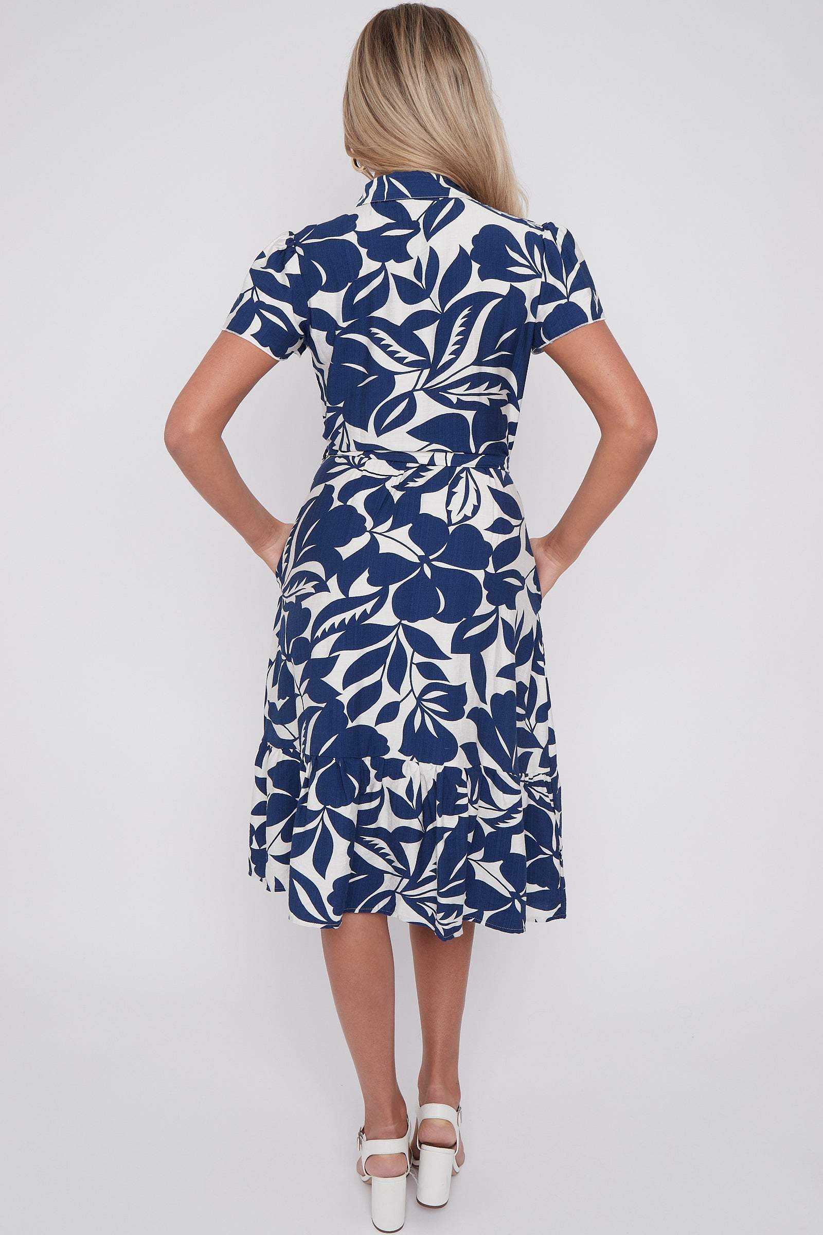 8Pcs Navy Leaf Printed Short Sleeve Midi Dress