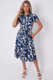8Pcs Navy Leaf Printed Short Sleeve Midi Dress