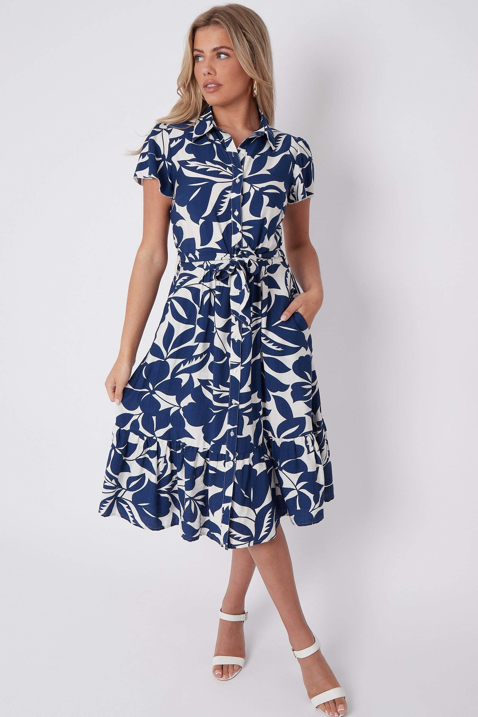 8Pcs Navy Leaf Printed Short Sleeve Midi Dress