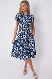 8Pcs Navy Leaf Printed Short Sleeve Midi Dress