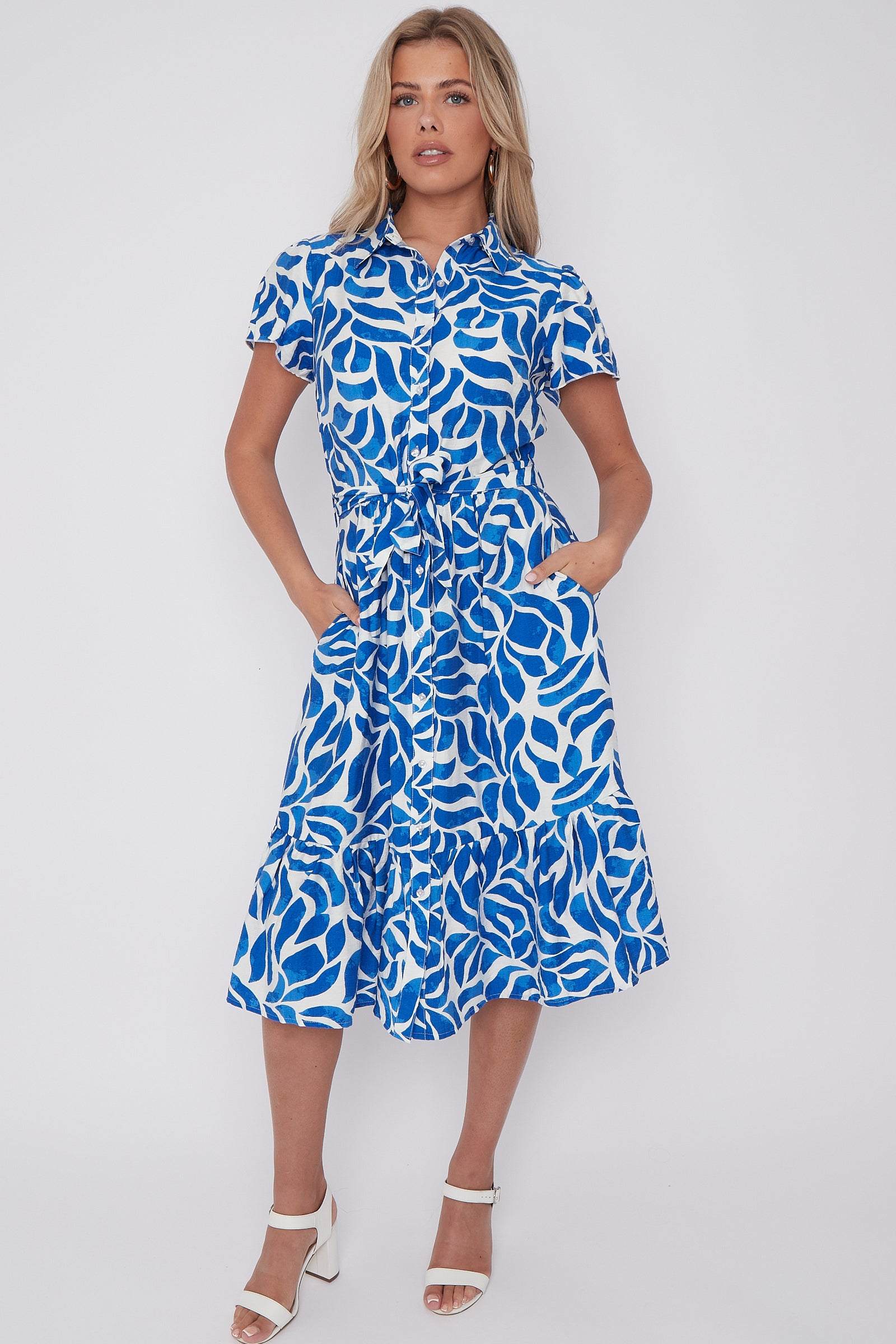 8Pcs Cobalt Printed Short Sleeve Midi Dress