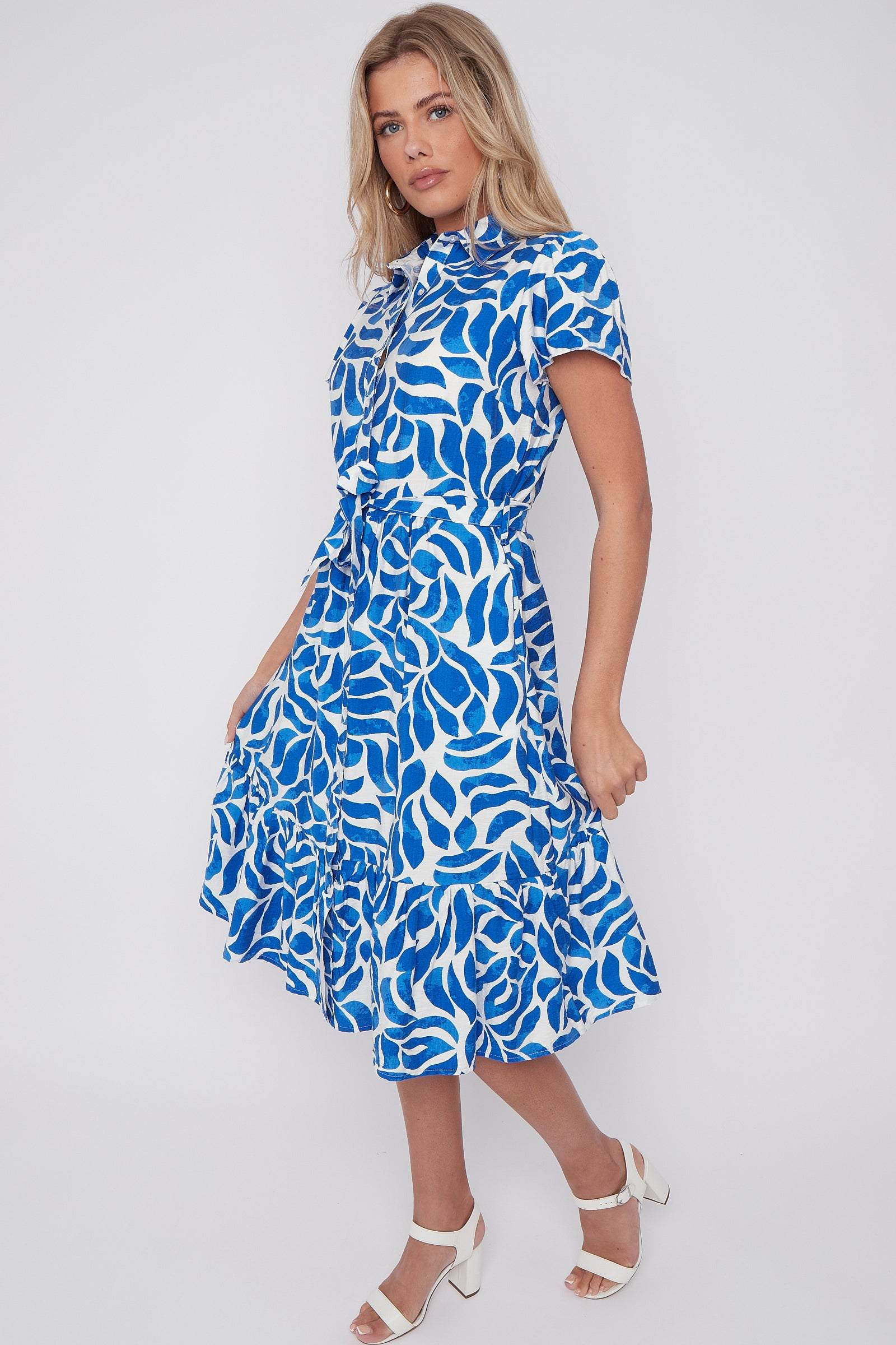 8Pcs Cobalt Printed Short Sleeve Midi Dress