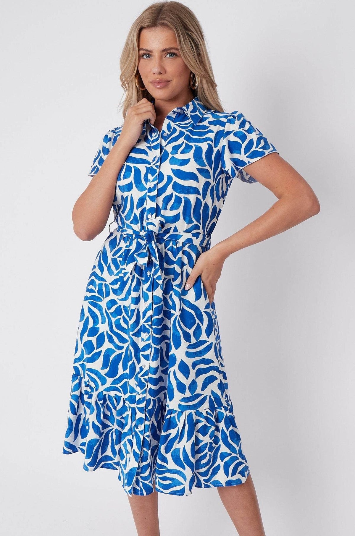 8Pcs Cobalt Printed Short Sleeve Midi Dress