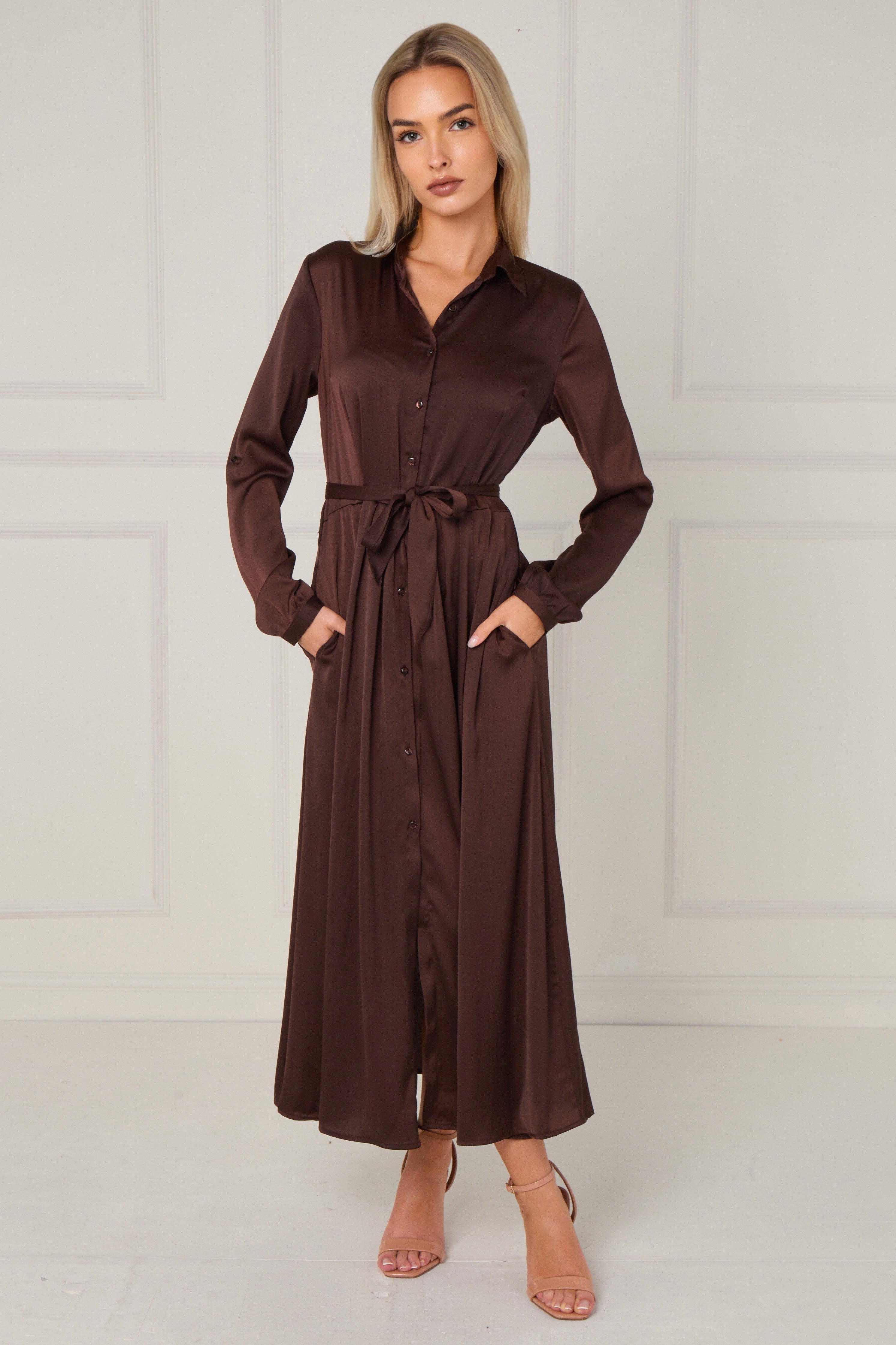8Pcs Espresso Layered Satin Long Sleeve Maxi Shirt Dress