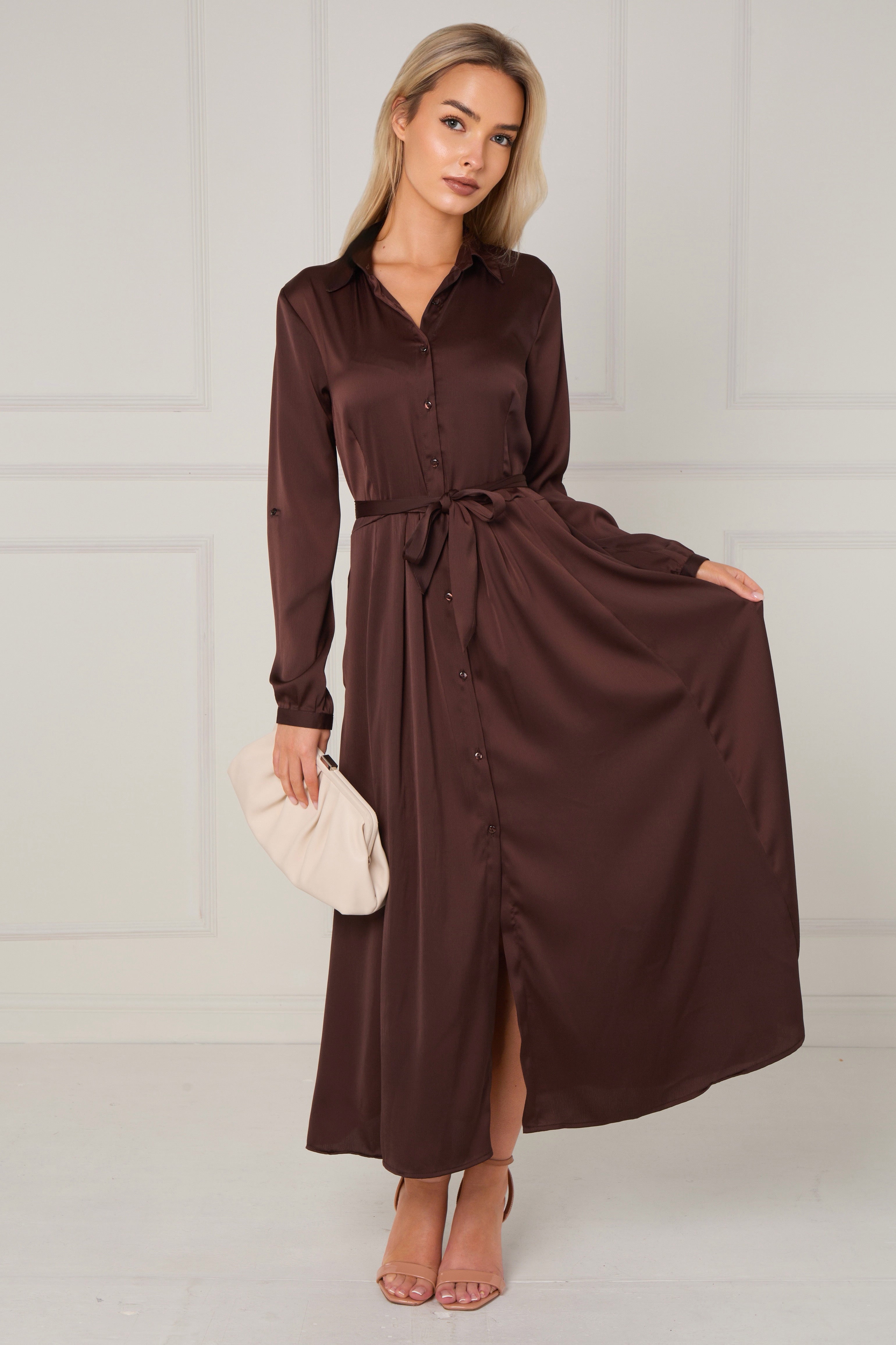 8Pcs Espresso Layered Satin Long Sleeve Maxi Shirt Dress