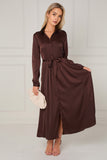 8Pcs Espresso Layered Satin Long Sleeve Maxi Shirt Dress
