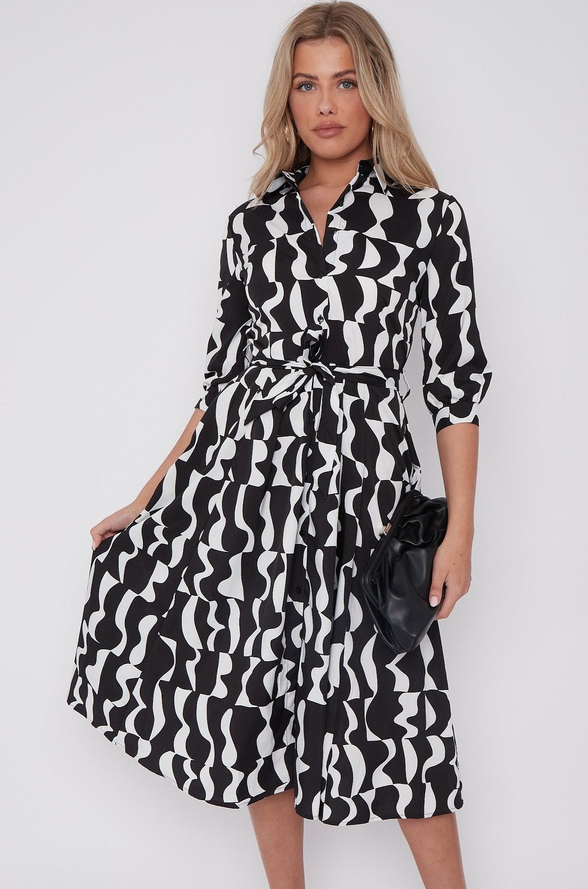 8Pcs Mono Geometric Print Half Sleeve Midi Shirt Dress