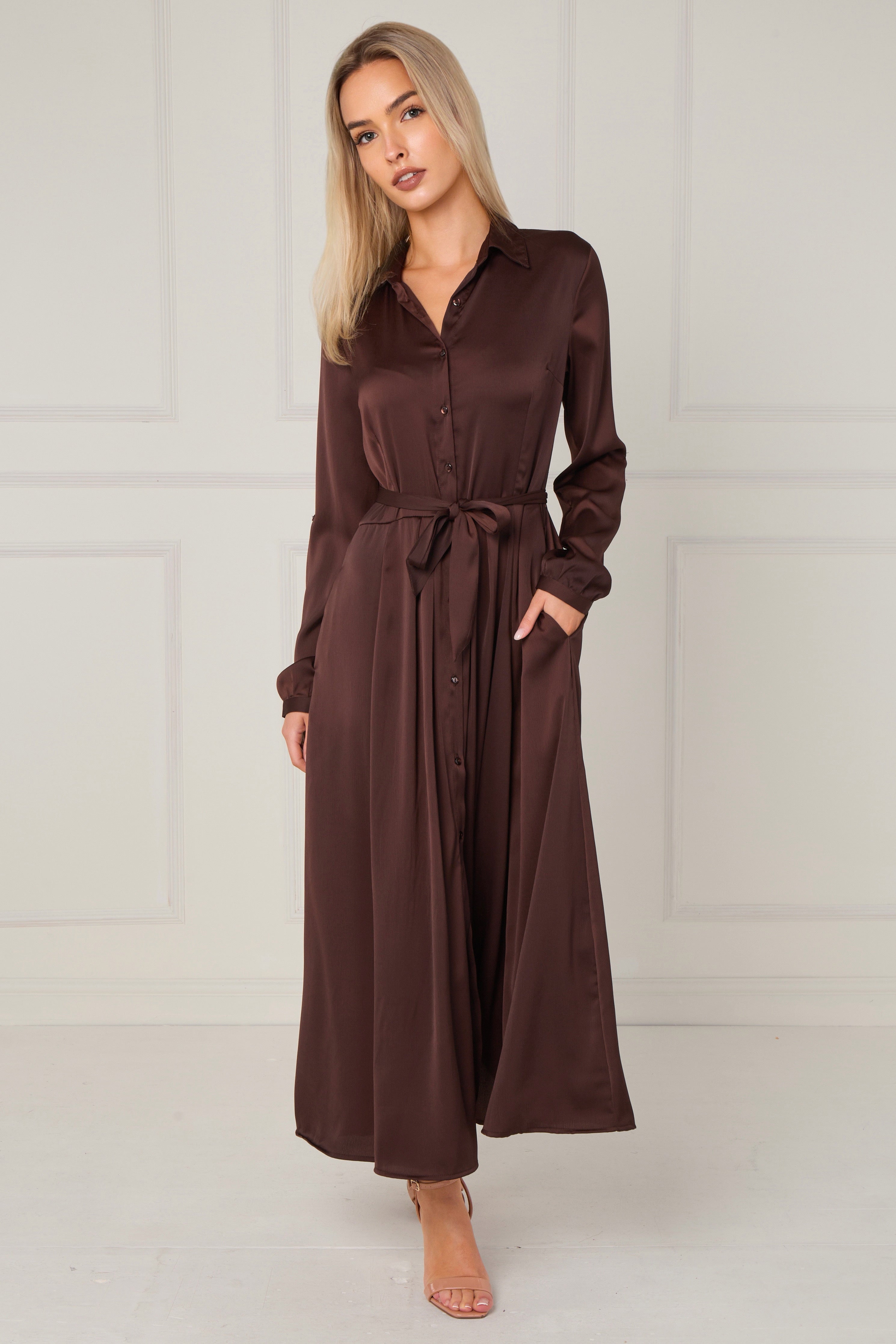 8Pcs Espresso Layered Satin Long Sleeve Maxi Shirt Dress