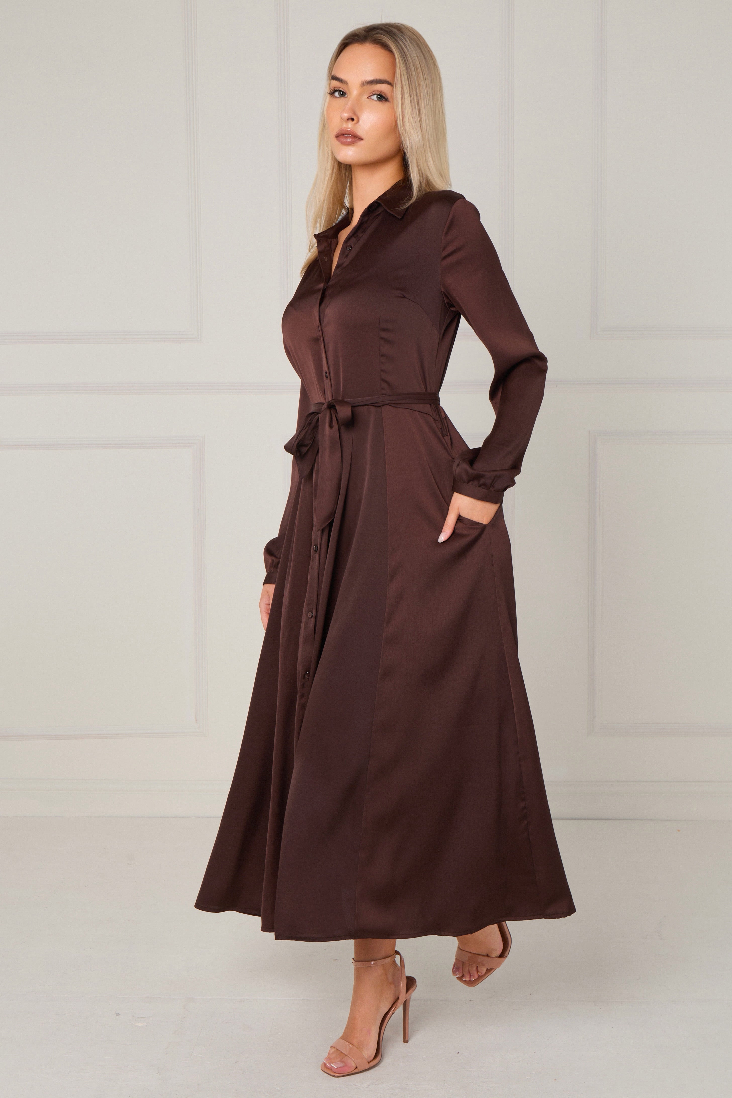 8Pcs Espresso Layered Satin Long Sleeve Maxi Shirt Dress