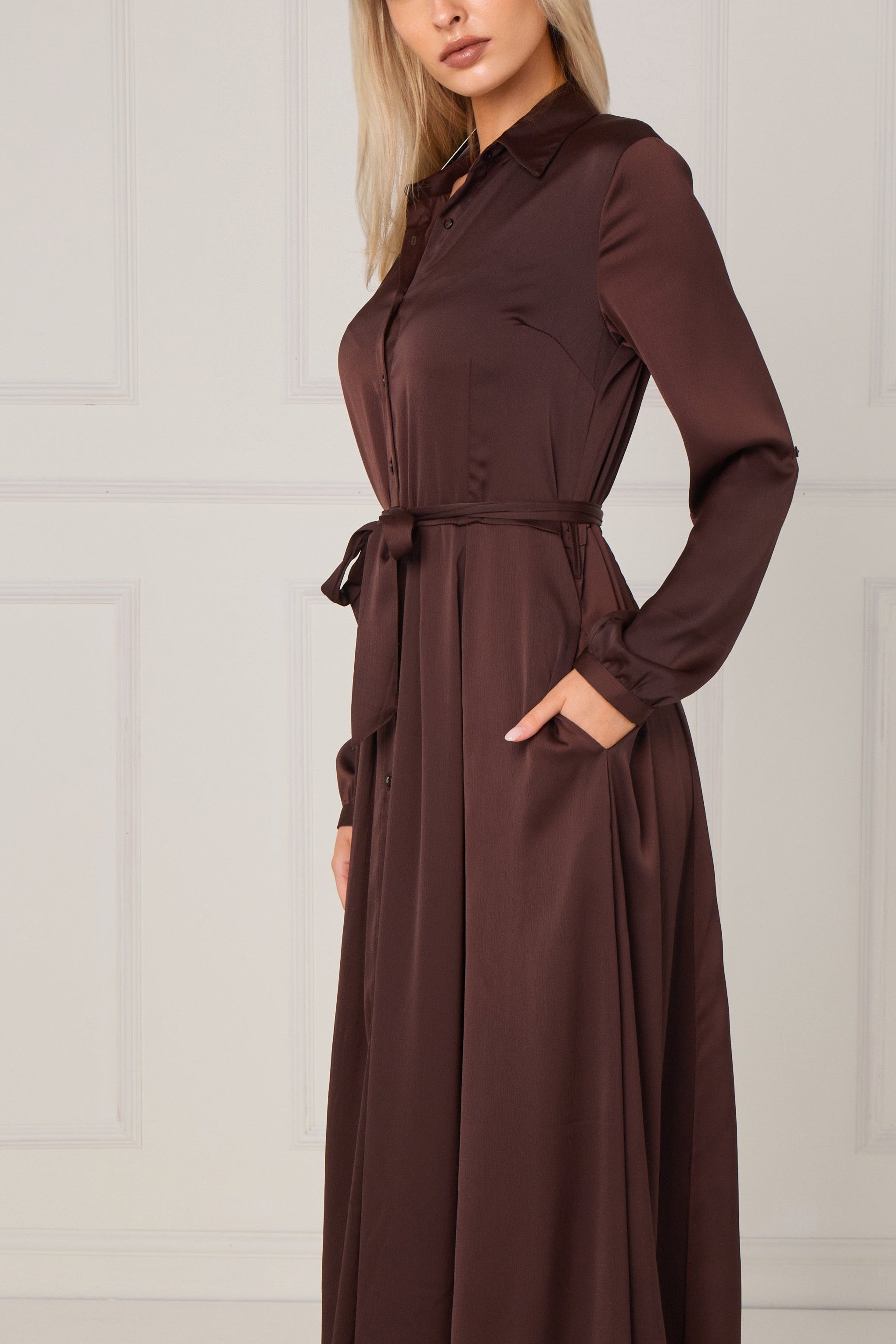 8Pcs Espresso Layered Satin Long Sleeve Maxi Shirt Dress