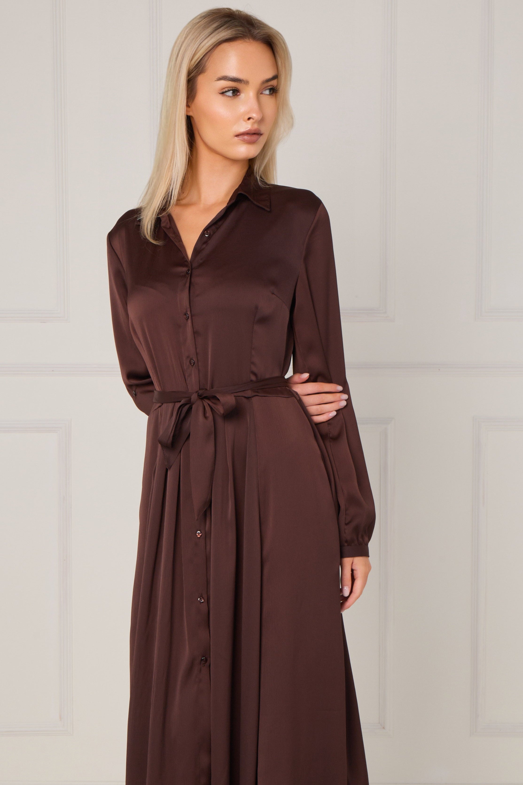 8Pcs Espresso Layered Satin Long Sleeve Maxi Shirt Dress