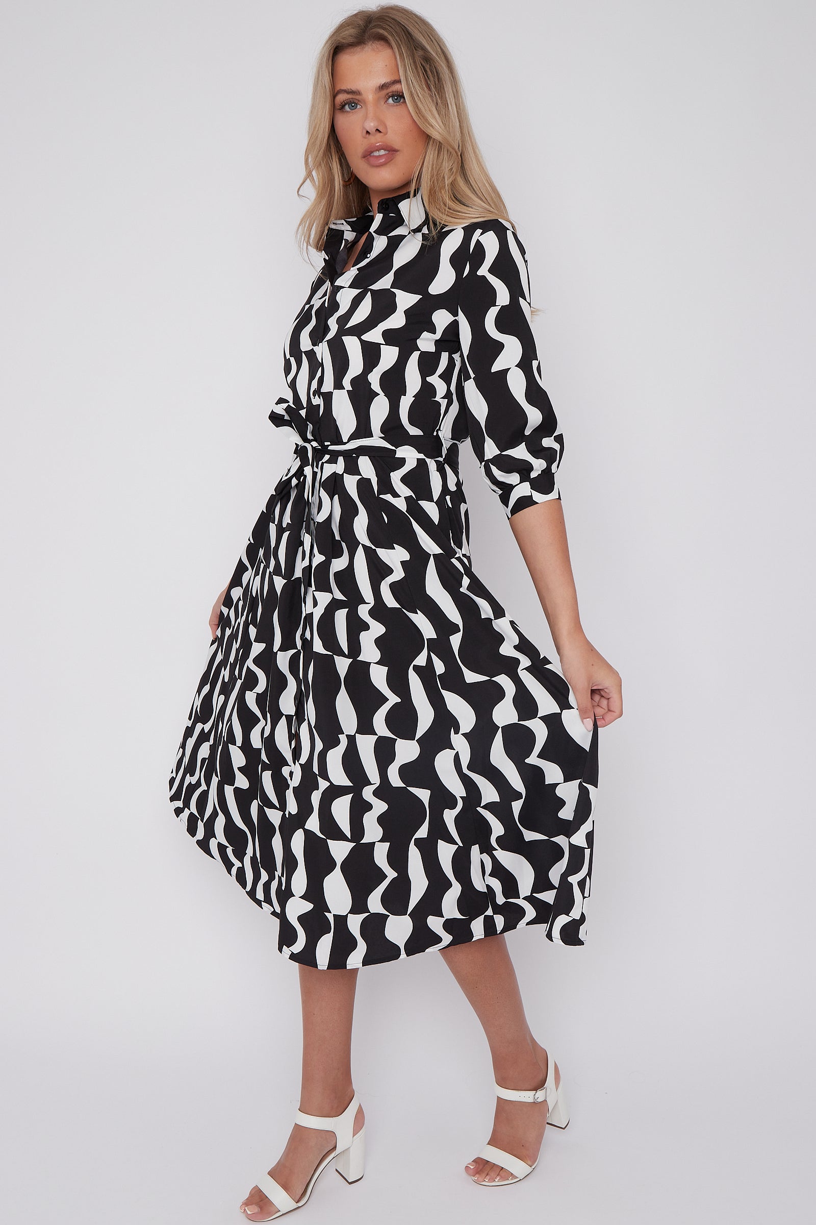 8Pcs Mono Geometric Print Half Sleeve Midi Shirt Dress