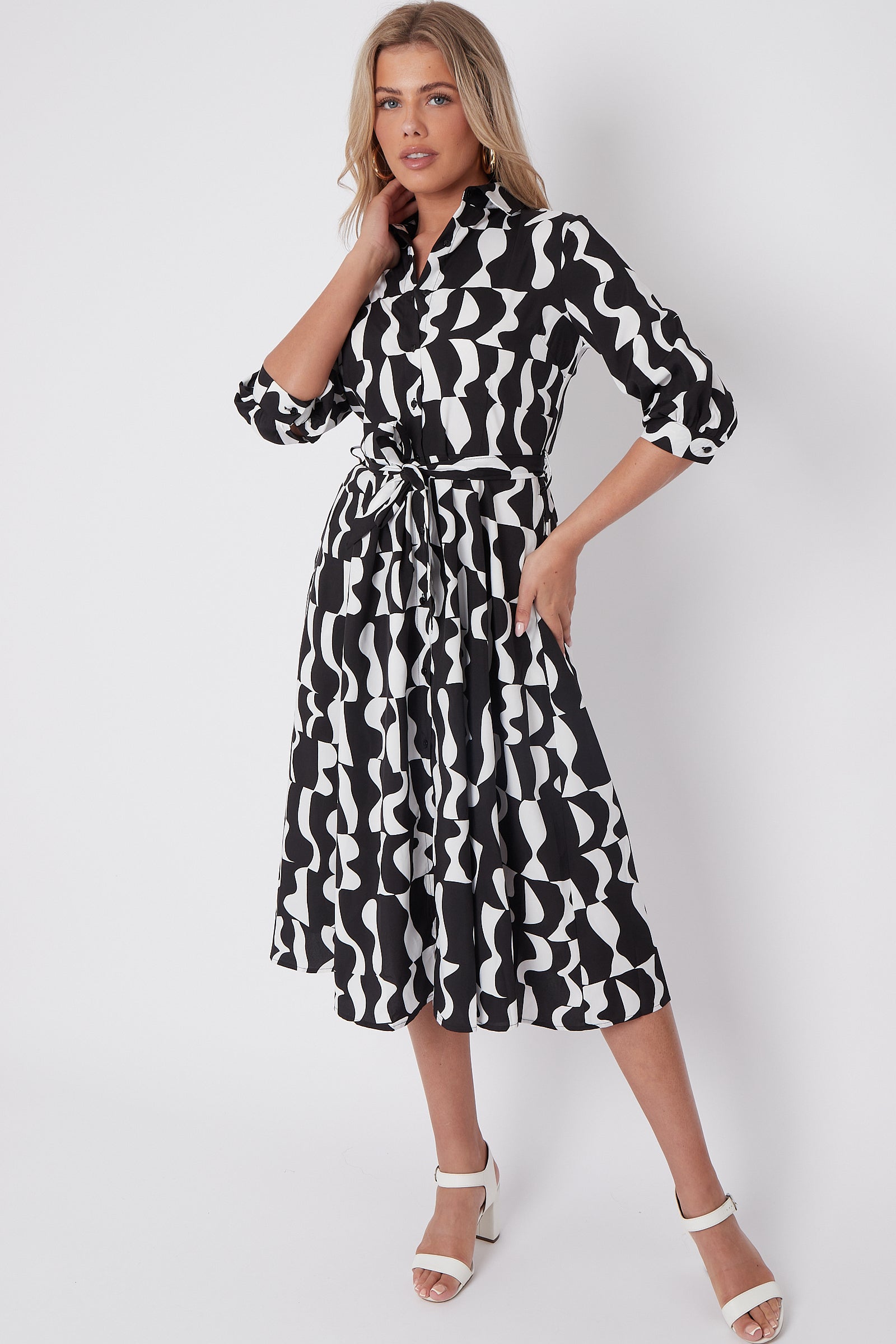 8Pcs Mono Geometric Print Half Sleeve Midi Shirt Dress