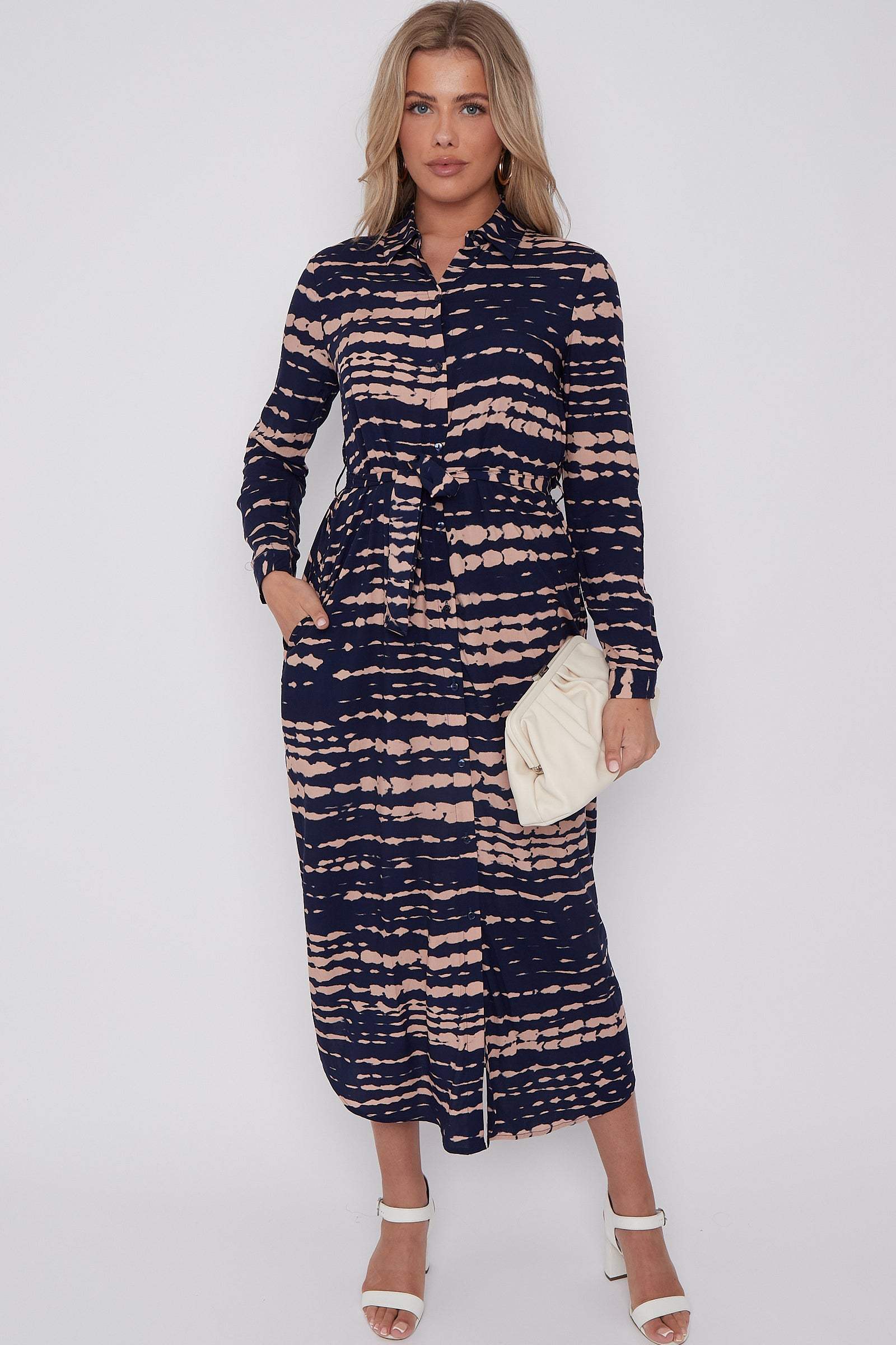 8Pcs Navy Tie Dye Print Maxi Shirt Dress