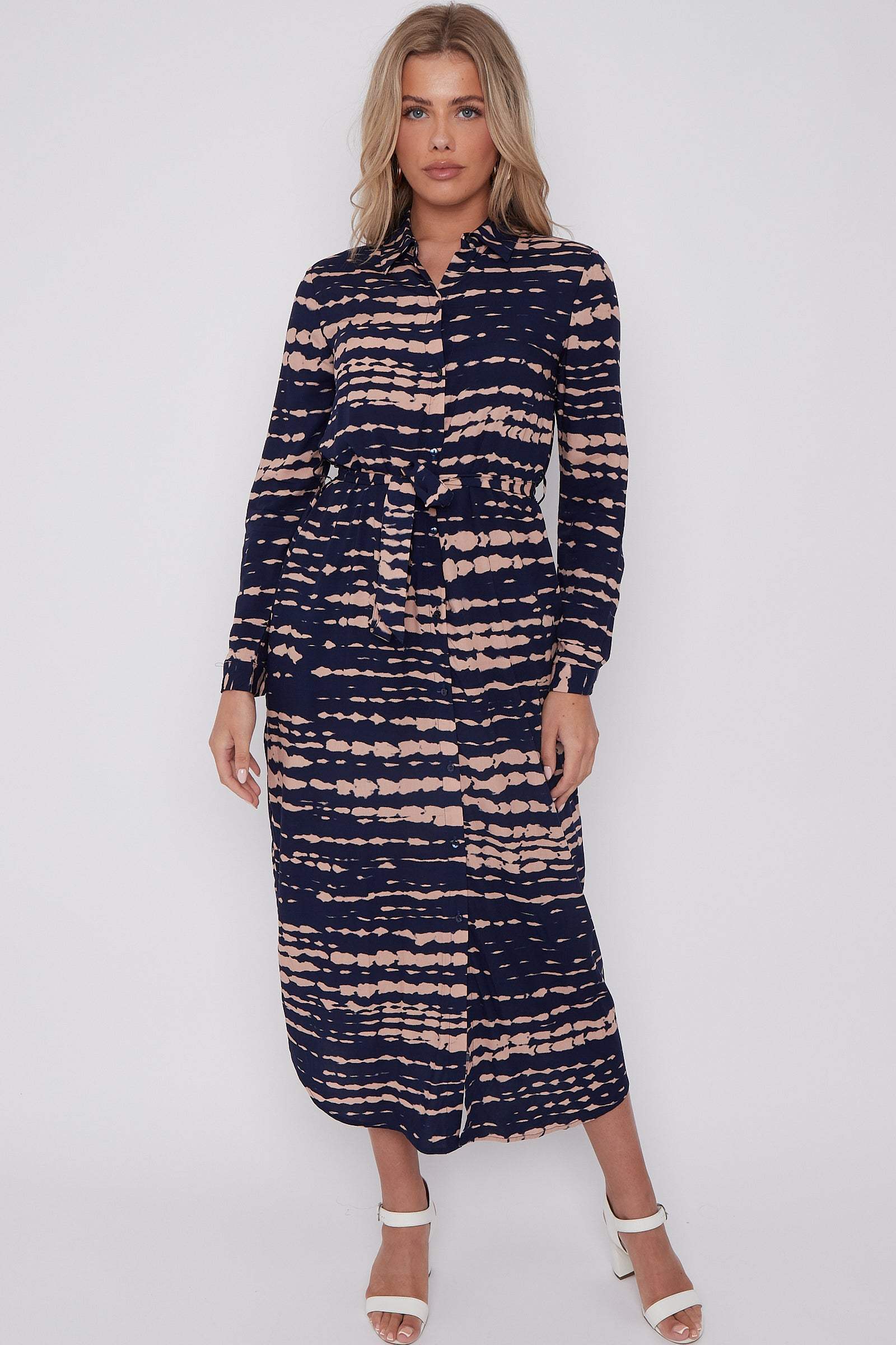 8Pcs Navy Tie Dye Print Maxi Shirt Dress