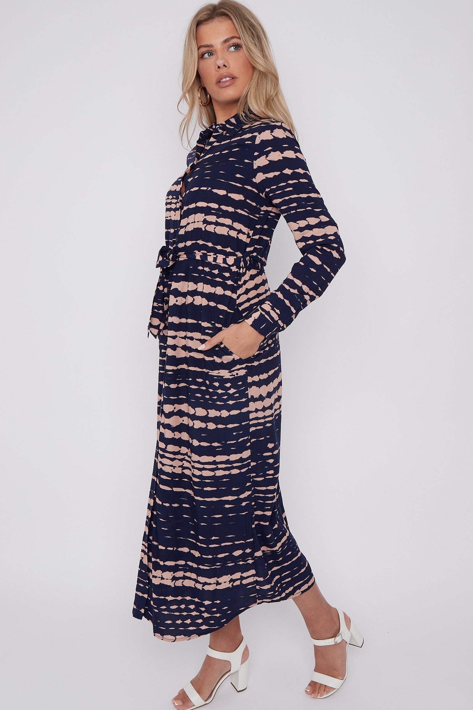 8Pcs Navy Tie Dye Print Maxi Shirt Dress