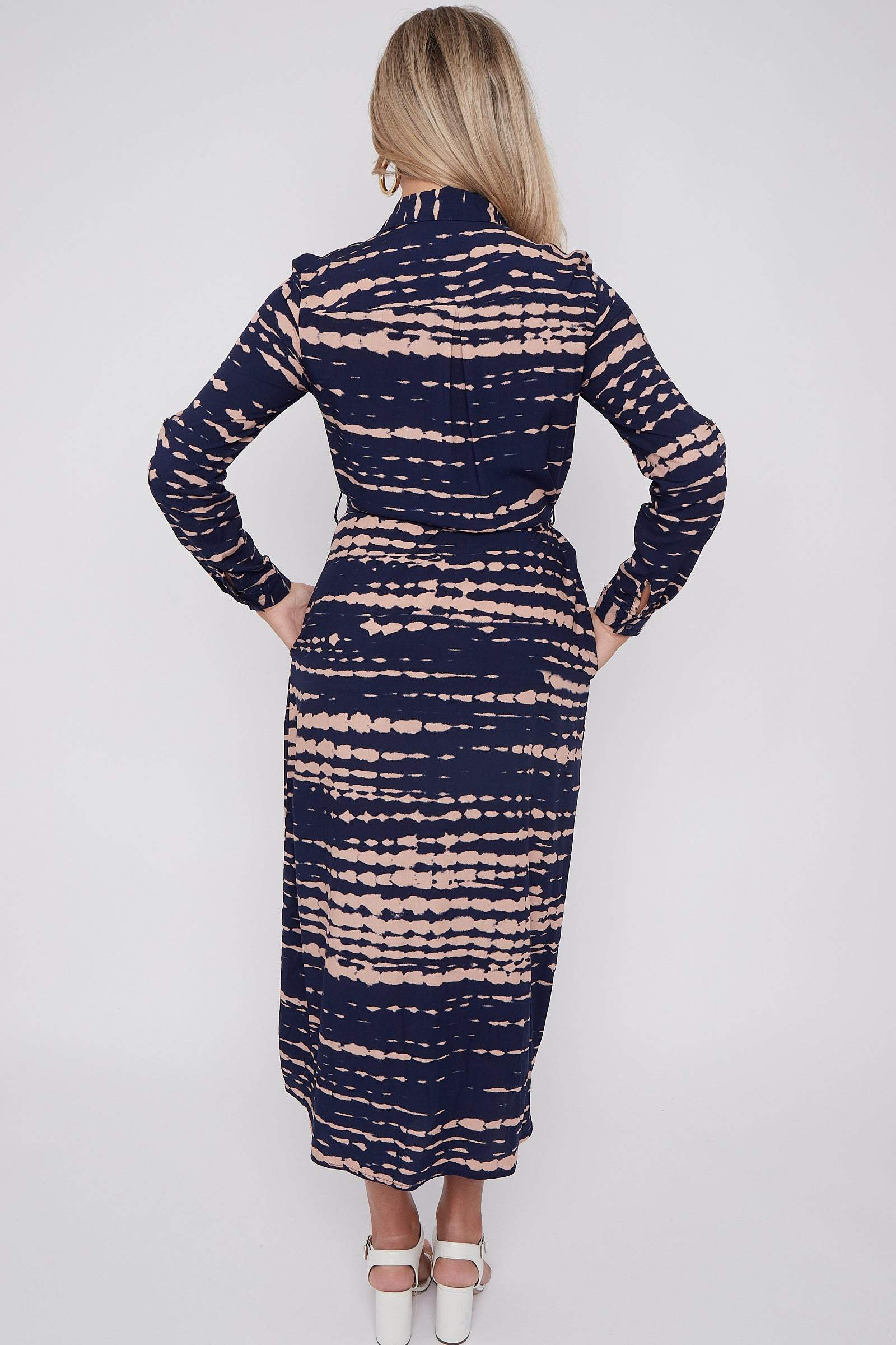 8Pcs Navy Tie Dye Print Maxi Shirt Dress