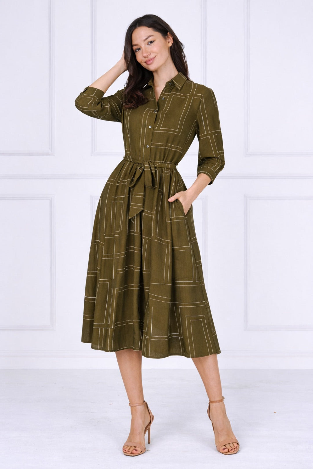 8Pcs Khaki Green Contemporary Line Print Shirt Dress