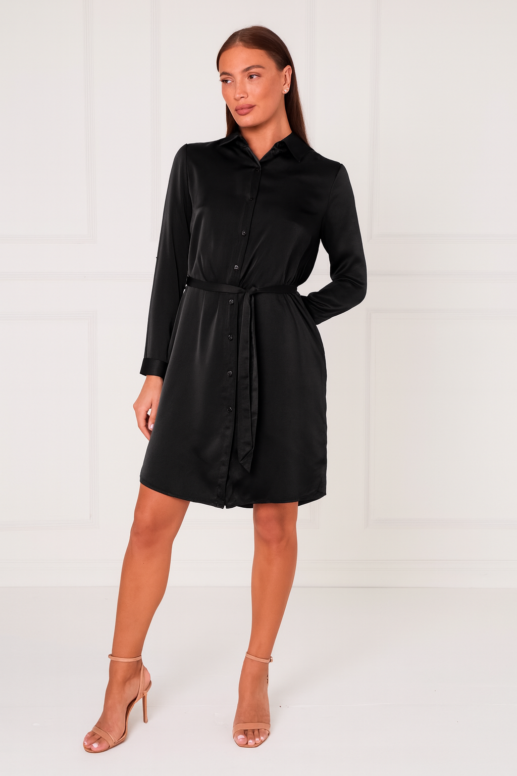 8pcs Black Silky Plain Mini Shirt Dress