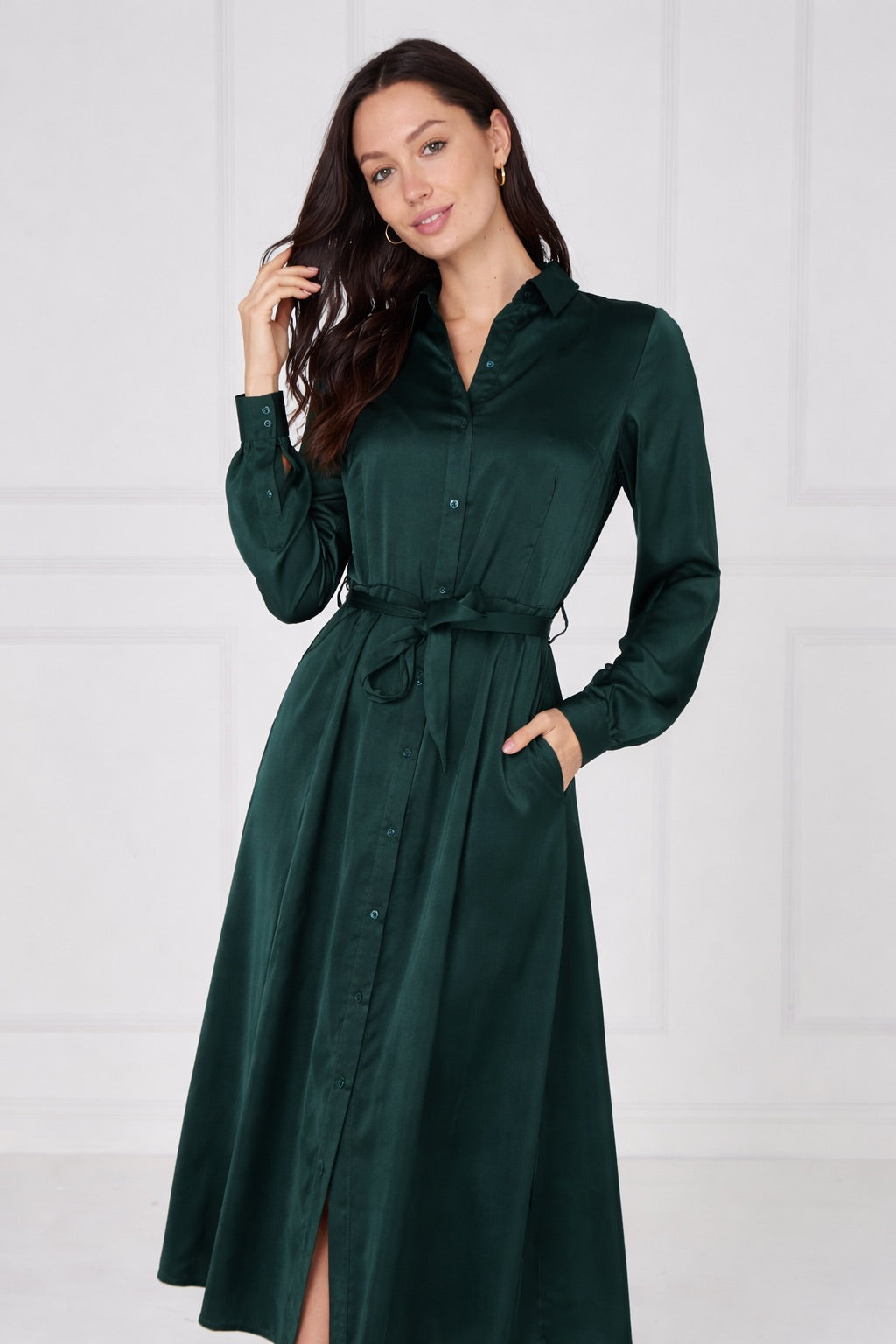 8Pcs Emerald Velvety Satin Maxi Shirt Dress