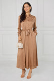 8Pcs Caramel Velvety Satin Maxi Shirt Dress