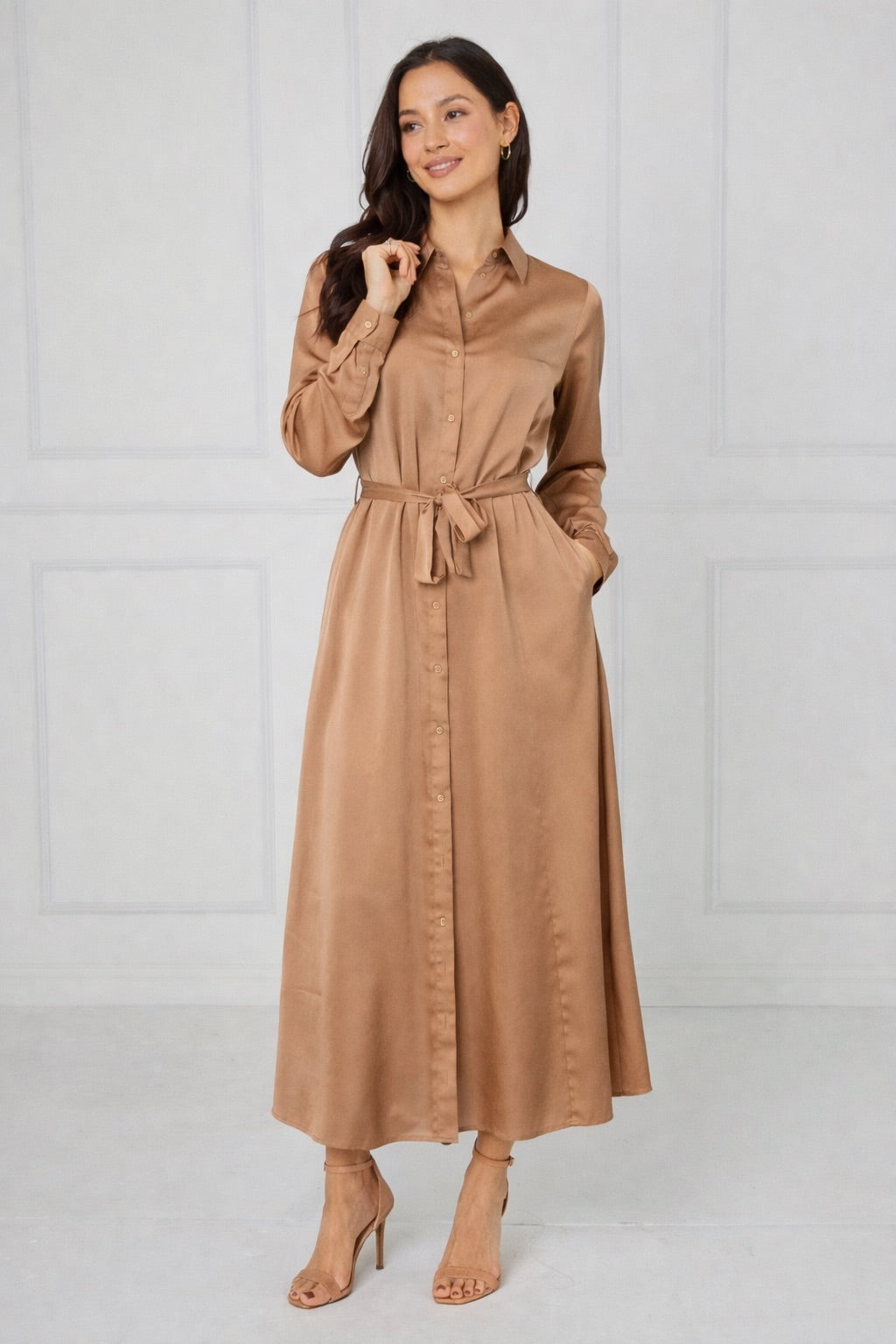 8Pcs Caramel Velvety Satin Maxi Shirt Dress