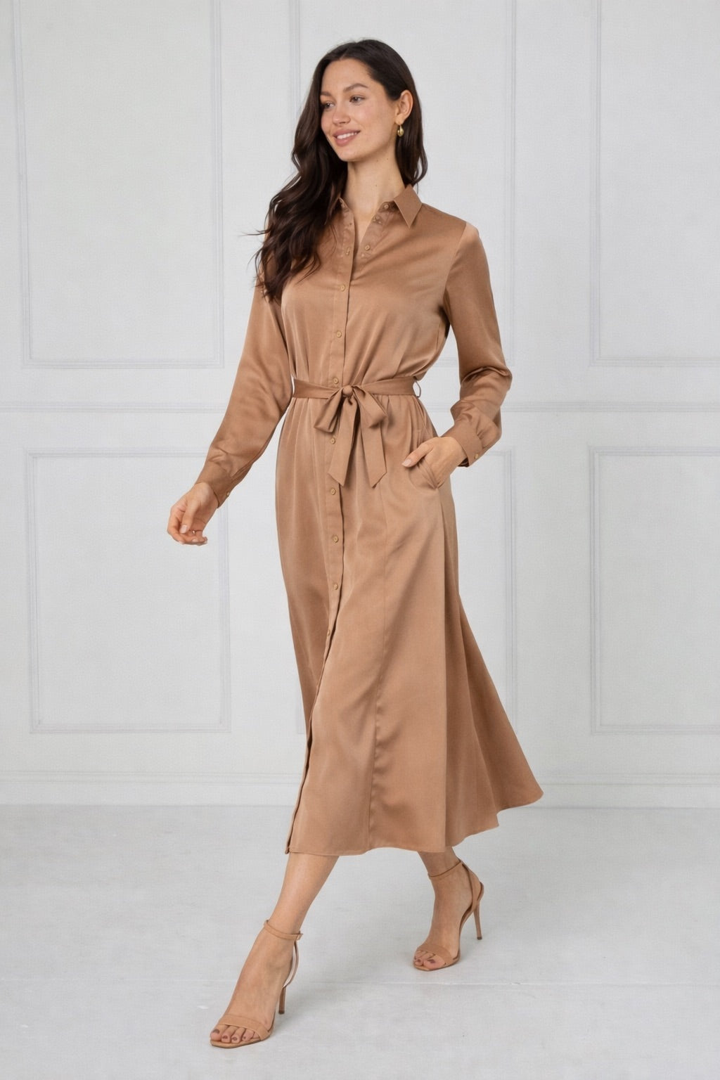 8Pcs Caramel Velvety Satin Maxi Shirt Dress