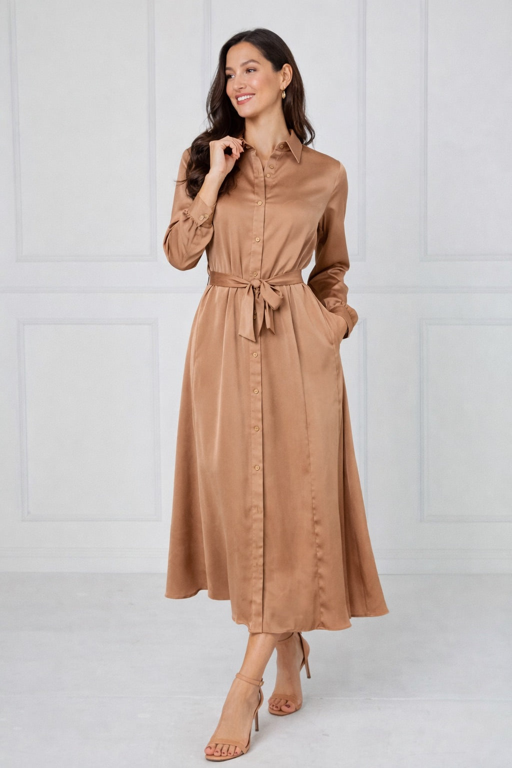 8Pcs Caramel Velvety Satin Maxi Shirt Dress