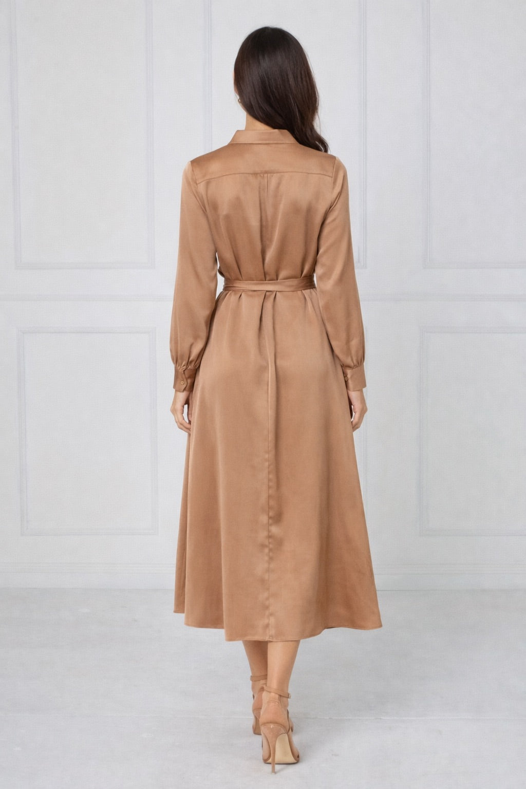 8Pcs Caramel Velvety Satin Maxi Shirt Dress
