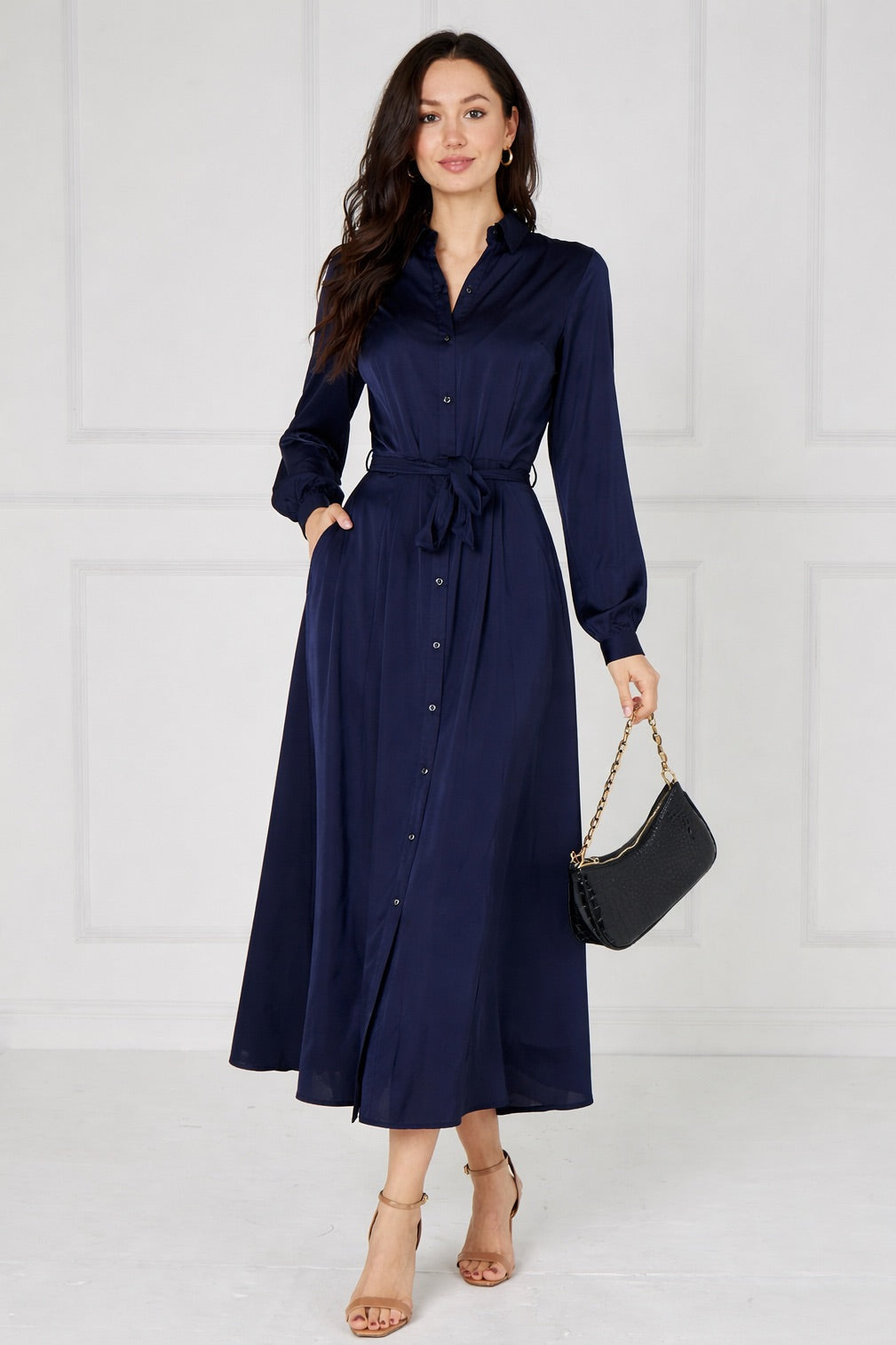 8Pcs Navy Velvety Satin Maxi Shirt Dress