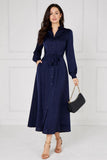 8Pcs Navy Velvety Satin Maxi Shirt Dress