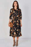 Love Sunshine Black Rust Watercolour Floral Belted Midi Shirt Dress Brunch Dress Casual Dress Dress with Pockets Dresses Everyday Dress LS-2045 Workwear Dress