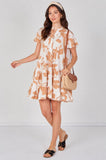 8Pcs Mocha Floral Print Short Sleeve Flared Mini Dress