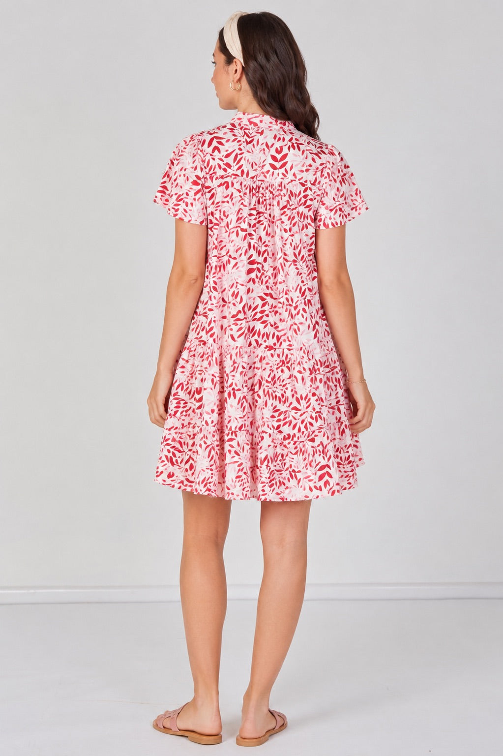 8Pcs Coral Leaf Print Tiered Mini Dress
