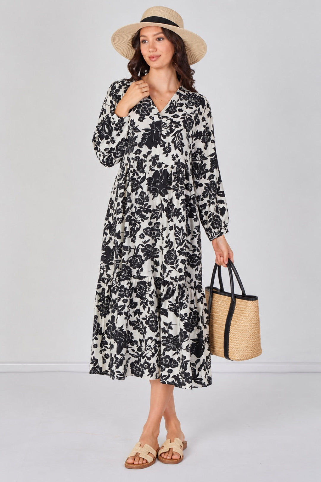 8Pcs Monochrome Bloom Smock Midaxi Dress
