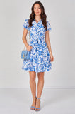 8Pcs White and Blue Floral Print Short Sleeve Shirt Dress