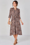 8Pcs Beige Leopard Print Quarter Sleeve Tie Waist Midi Dress