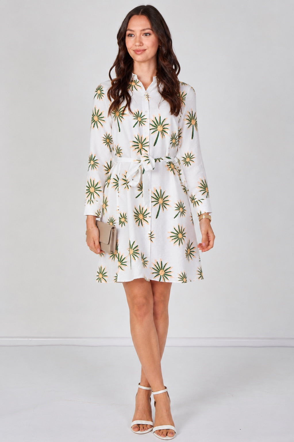 6Pcs White Floral Print Long Sleeve Mini Shirt Dress
