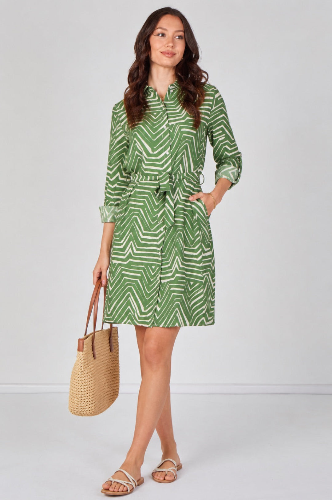 6Pcs Green Geometric Print Long Sleeve Mini Shirt Dress
