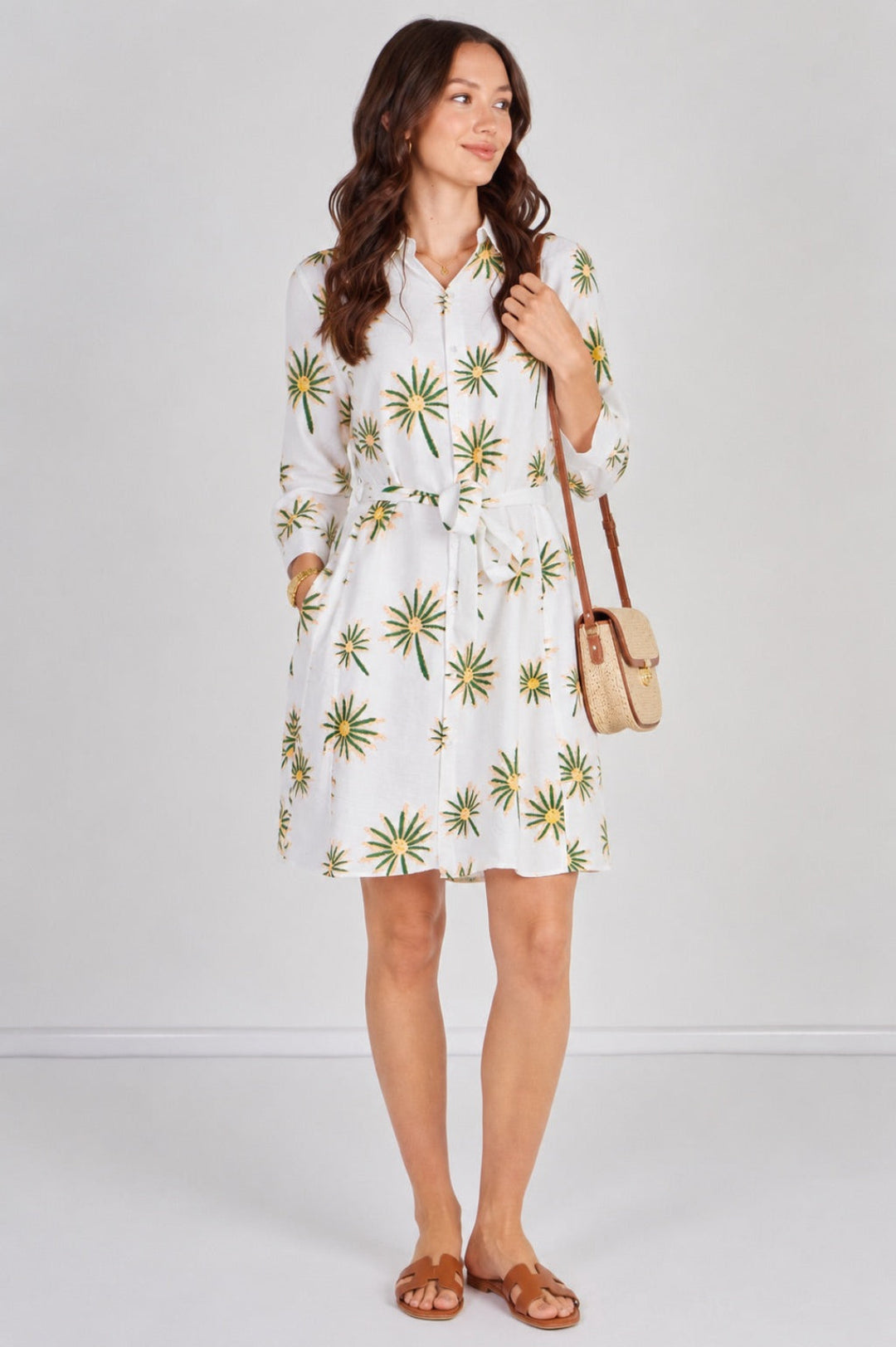 6Pcs White Floral Print Long Sleeve Mini Shirt Dress
