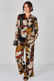 8Pcs Taupe Abstract Print Shirt and Trouser Co-Ord Set
