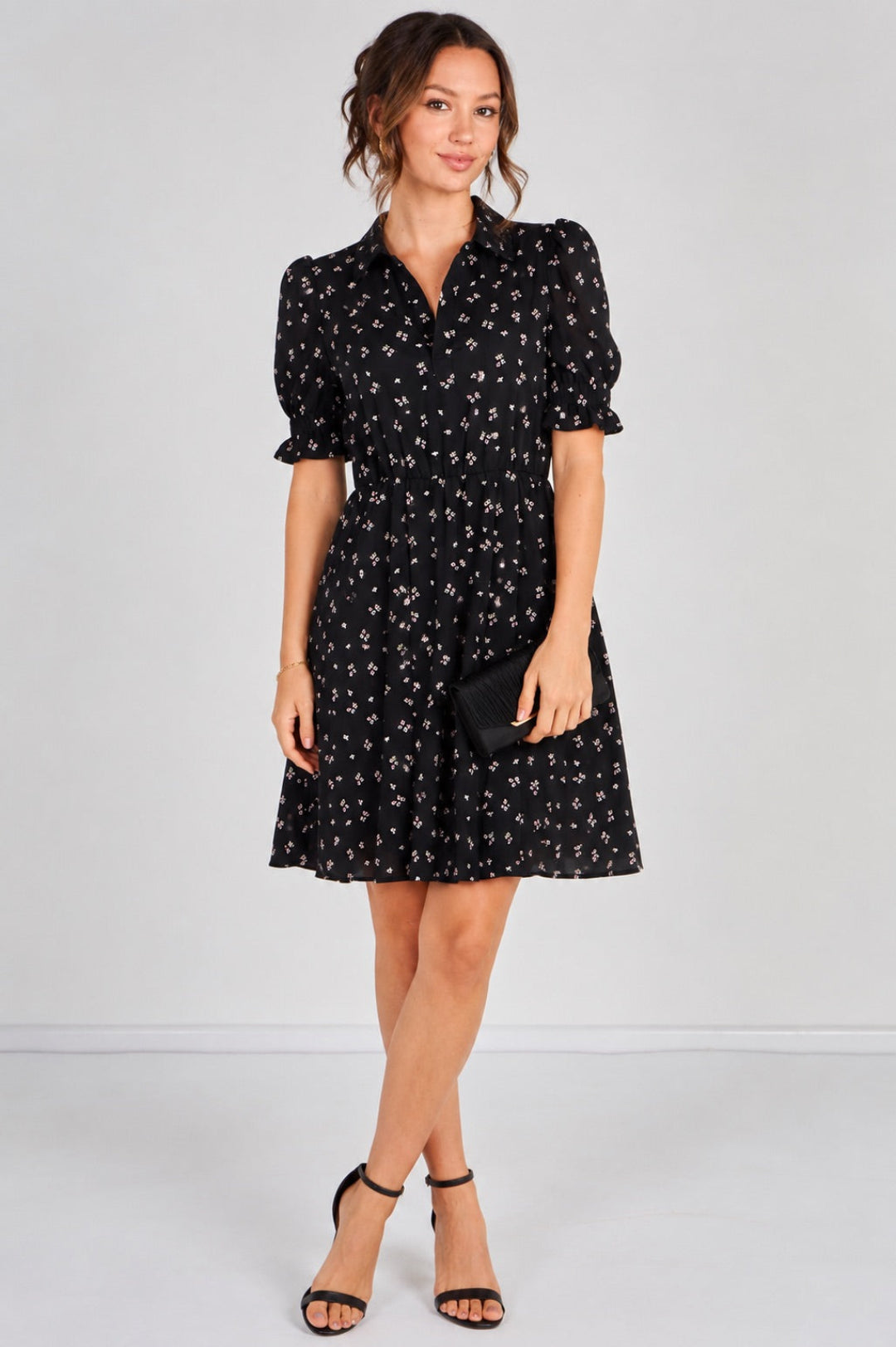 8Pcs Black Ditsy Floral Tea Dress