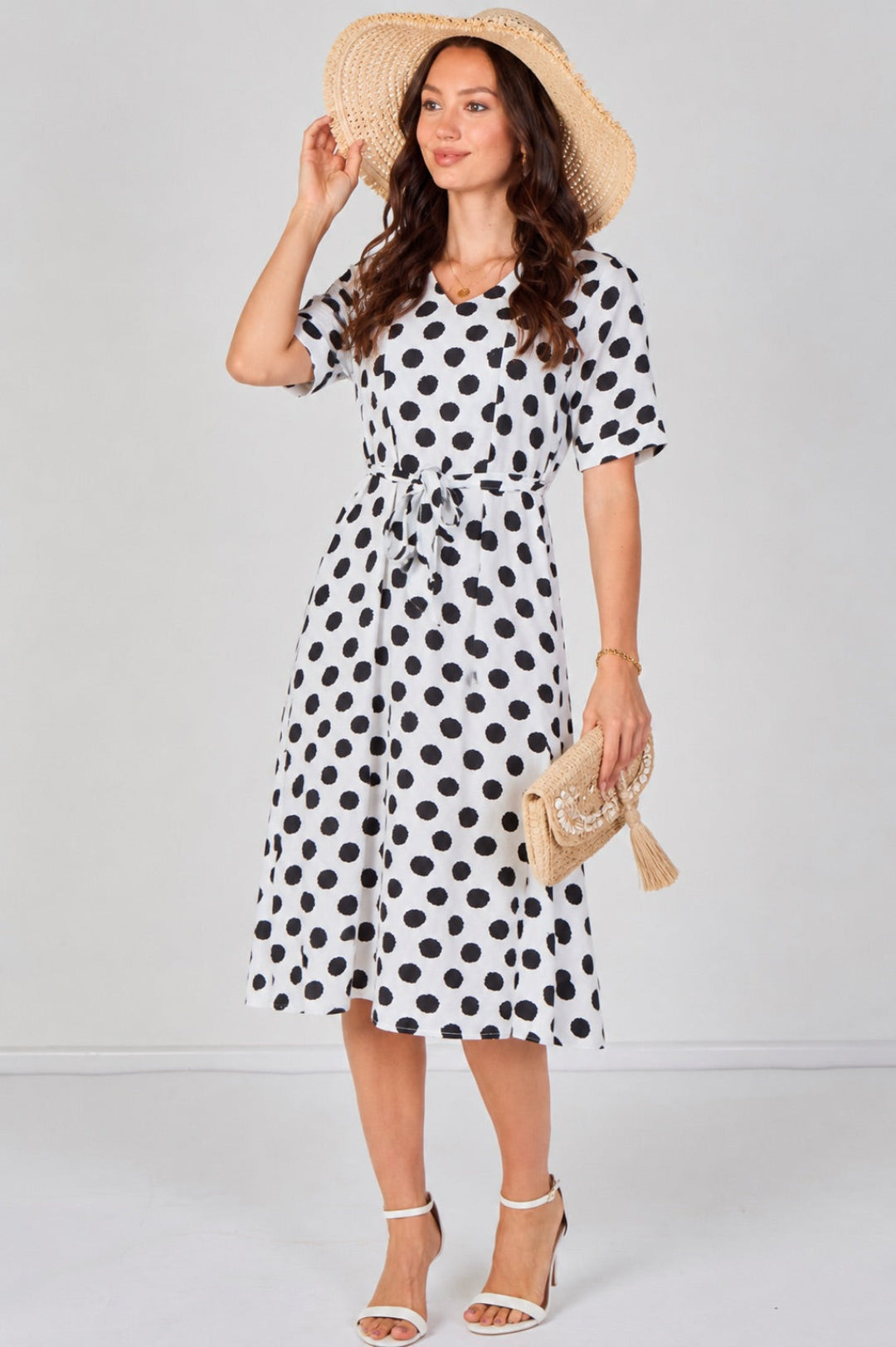 9Pcs White Polka Dot Short Sleeve Midi Dress