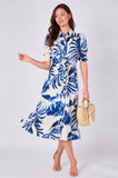 8Pcs Blue Tropical Leaf Print Tie Waist Midi Dress