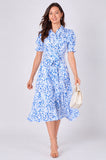 8Pcs Blue Leaf Print Tie Waist Midi Dress