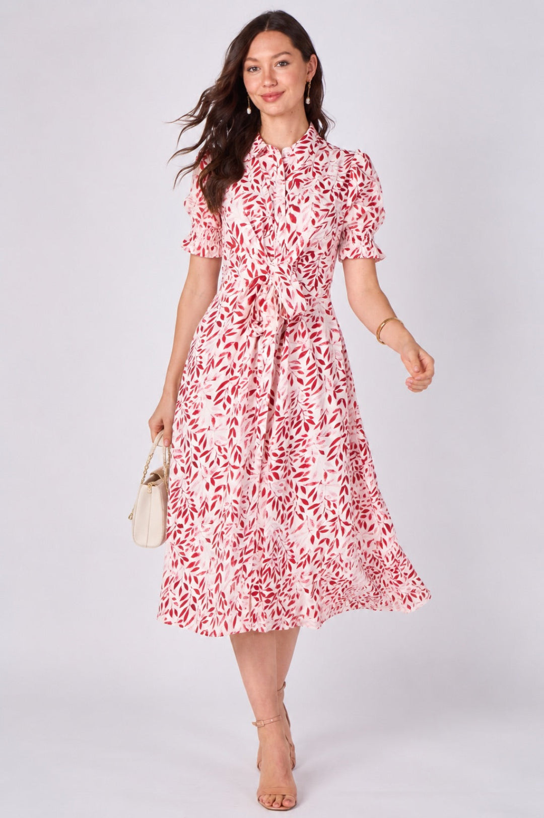 8Pcs Red Leaf Print Tie Waist Midi Dress