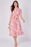 8Pcs Red Leaf Print Tie Waist Midi Dress