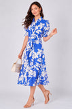 8Pcs Blue Floral Print Tie Front Midi Shirt Dress