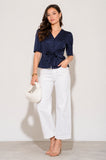 8Pcs Navy Short Sleeve Tie Front Satin Top