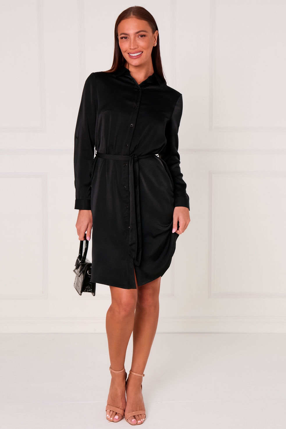 8pcs Black Silky Plain Mini Shirt Dress